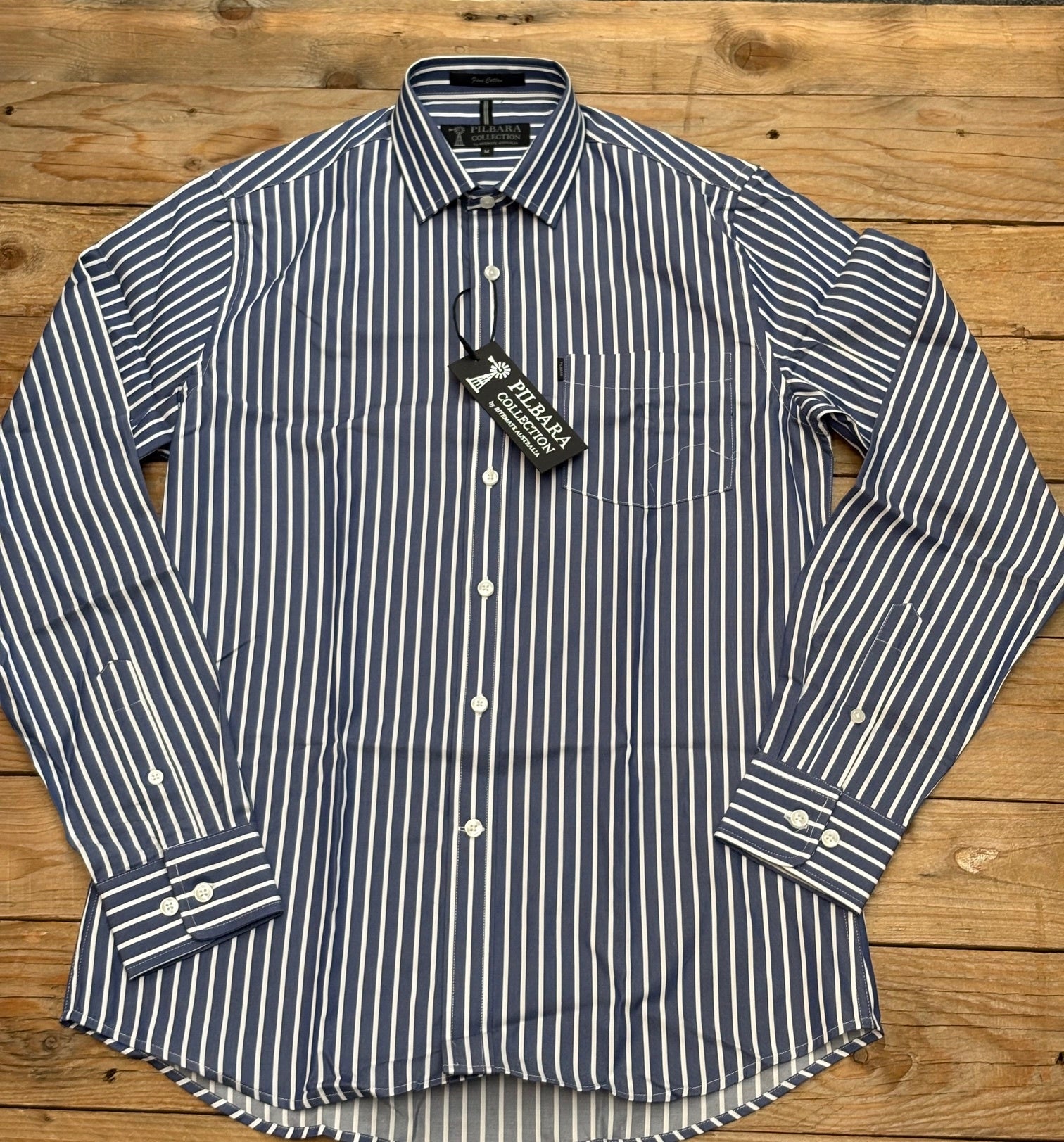 Mens Pilbara Navy / White Striped Shirt (7497070018637)