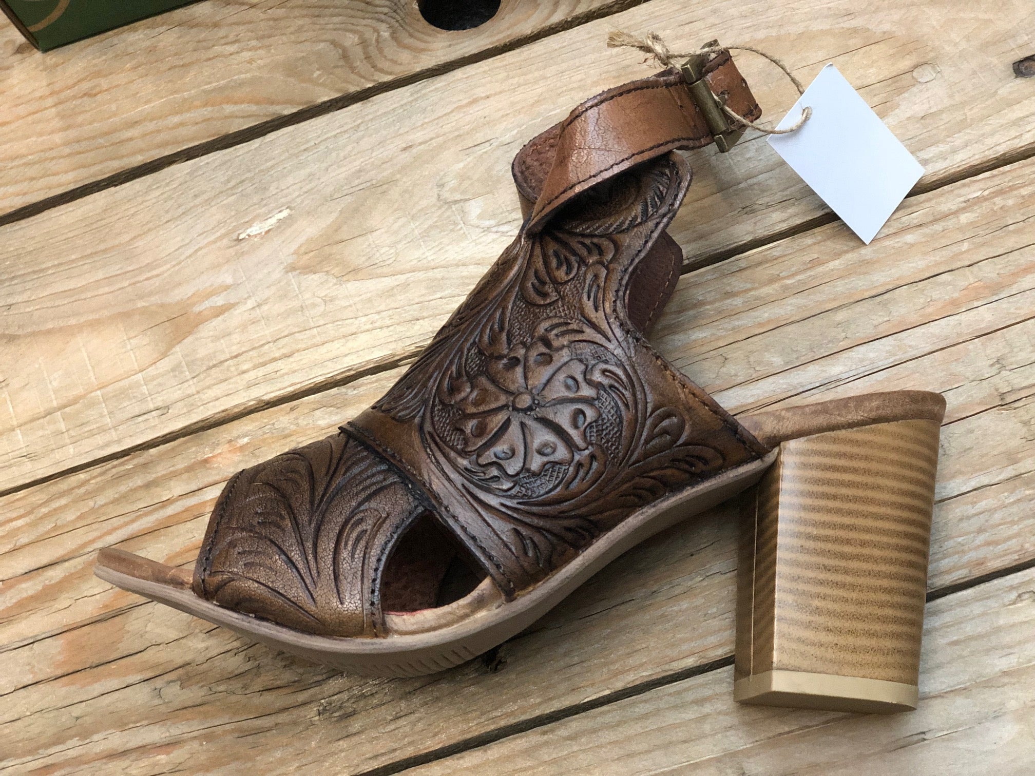 Womens Roper Mika Back Strap Tooled Leather Sandal Heels - Tan (7453954408525)