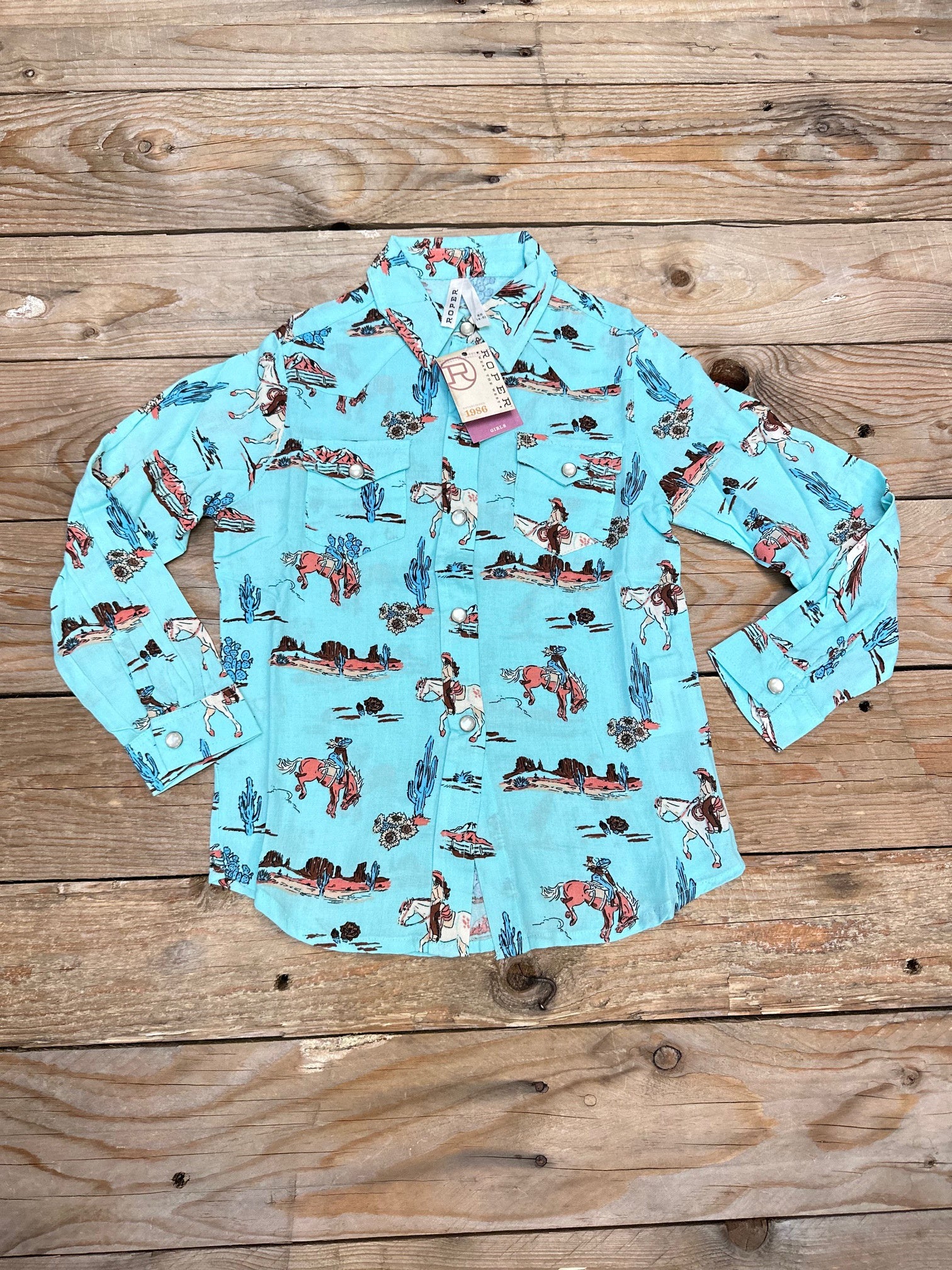 Girls Kids Roper Five Star Desert Cowgirl Shirt - Aqua (7072967721037)