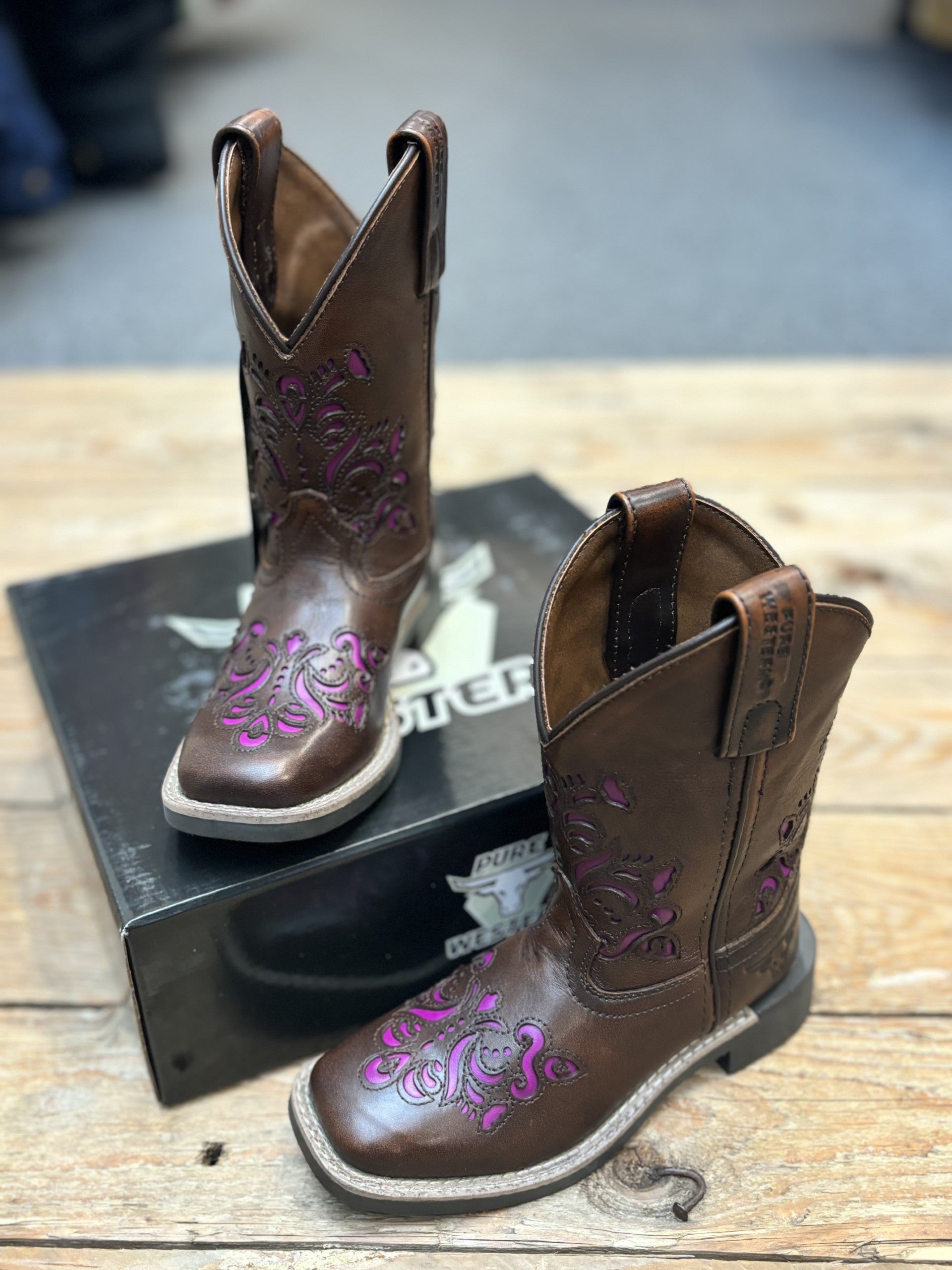 Childrens Pure Western Ottie Boot - Antique Brown / Purple (7146452942925)