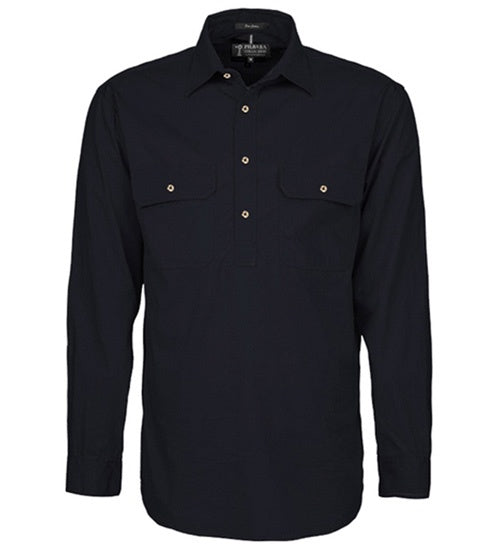 Mens Pilbara L/S Half Button Workshirt - Black (7416725536845)
