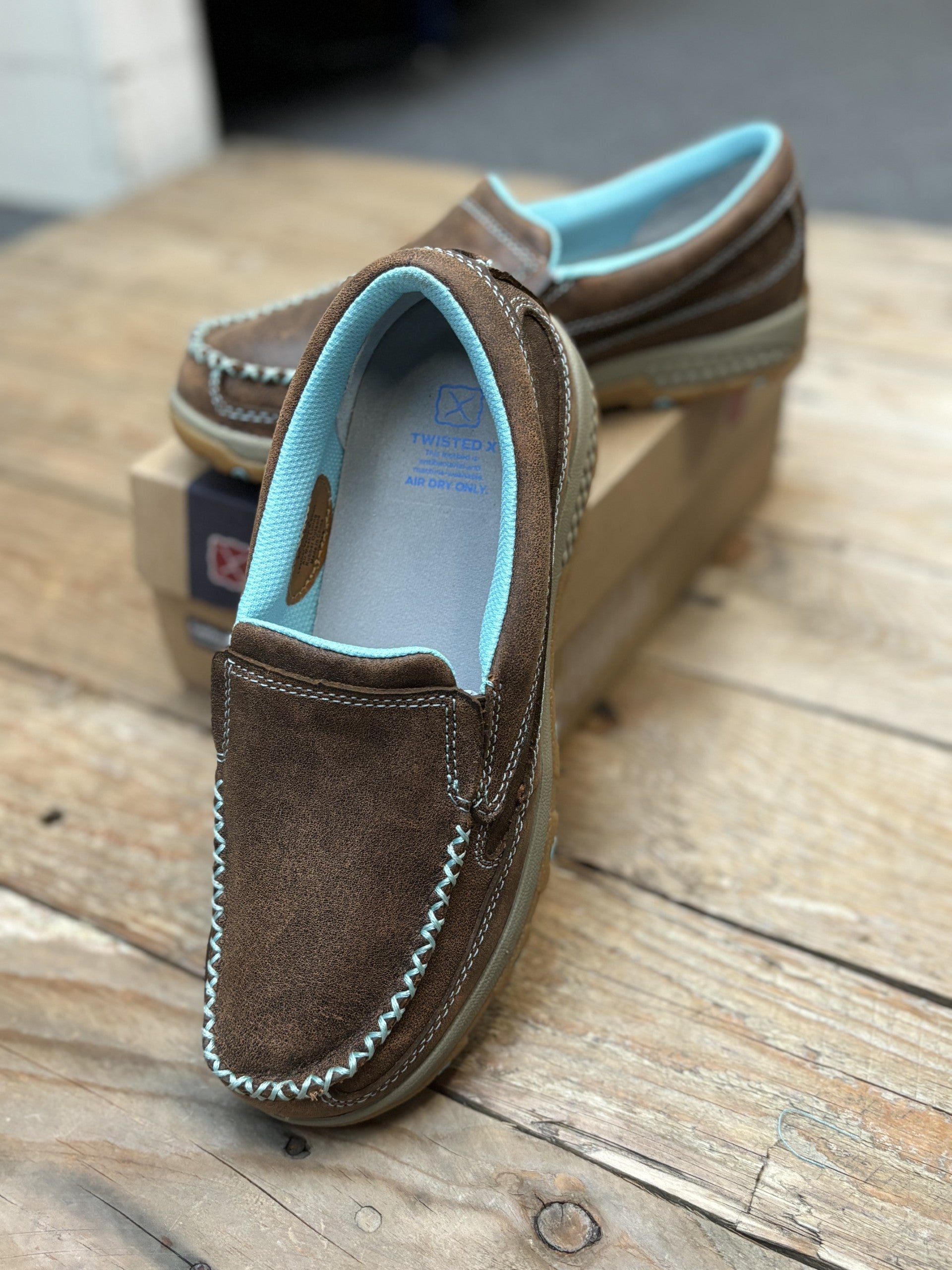 Womens Twisted X Aqua Cellstretch Slip on Moc - Brown / Aqua (7229070540877)