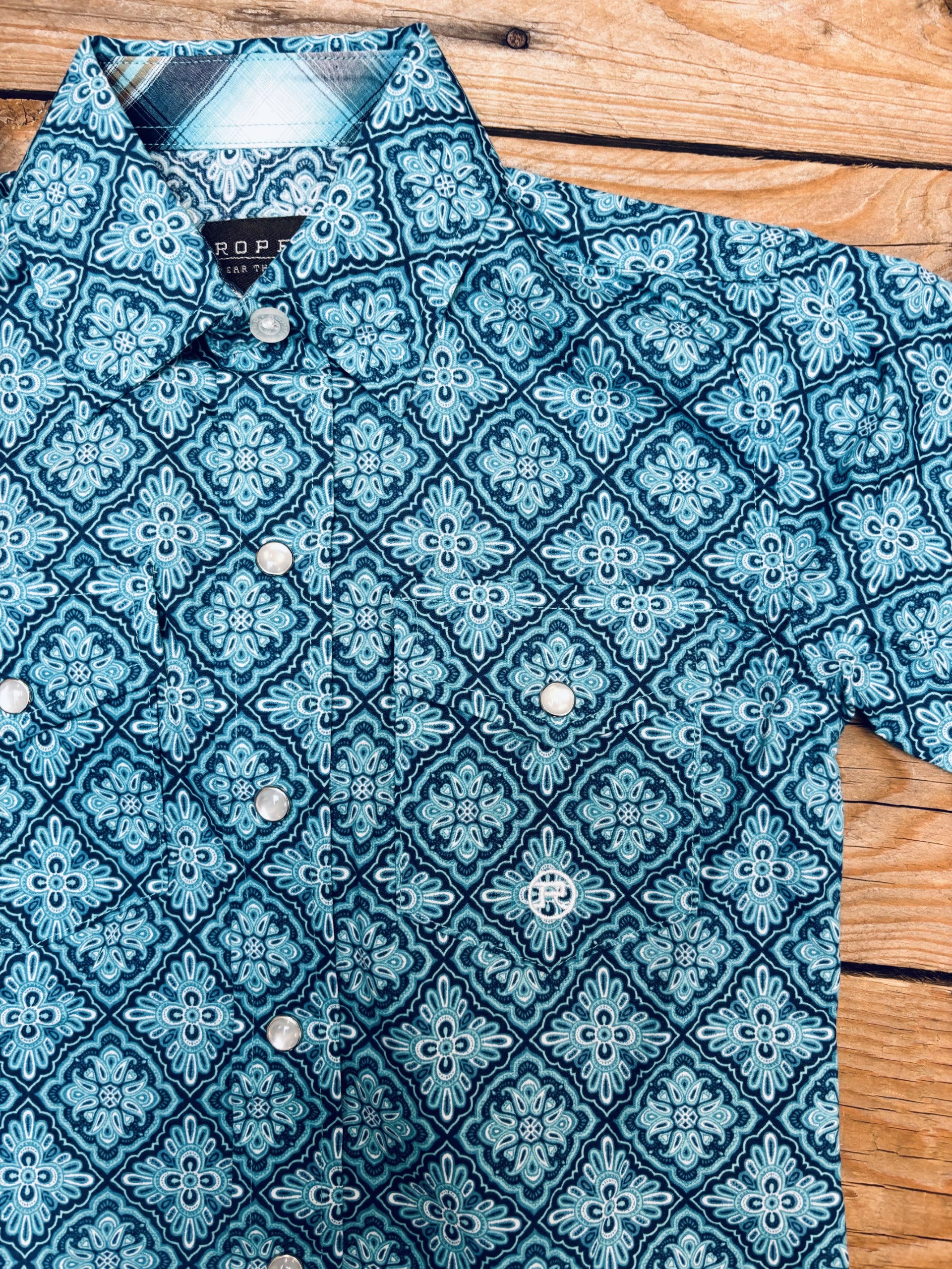 Boys Roper Amarillo Collection L/S Blue Print Shirt - Blue (7025696997453)