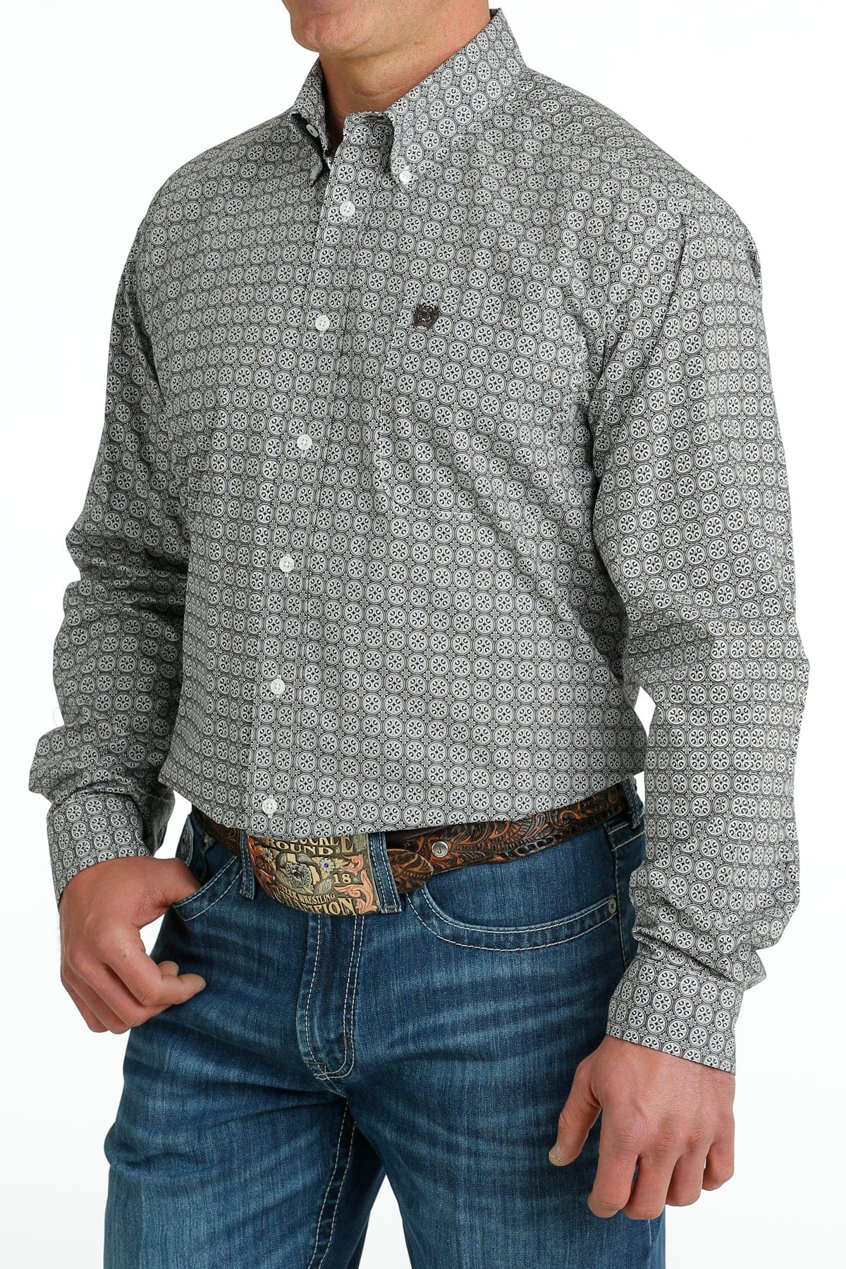 Mens Cinch Medallion Button Down Shirt - White / Grey (7012106174541)