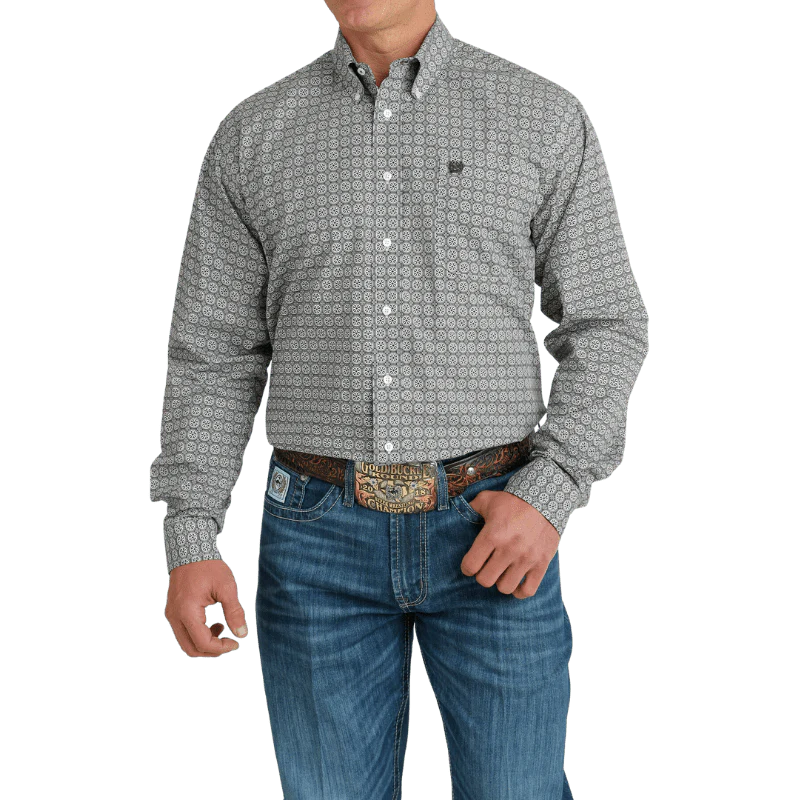 Mens Cinch Medallion Button Down Shirt - White / Grey (7012106174541)