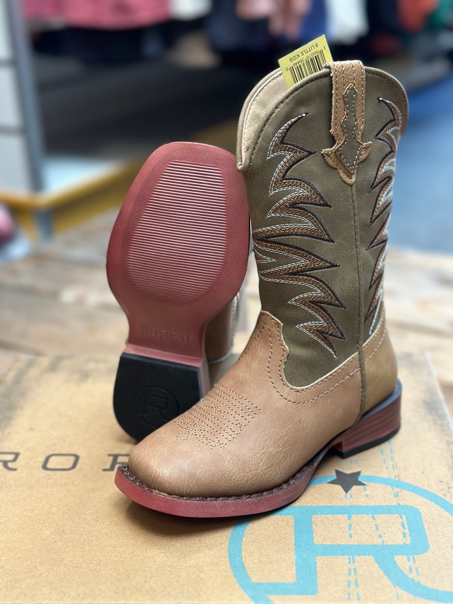 Kids Roper Clint Boot - Tan / Olive (6874854555725)