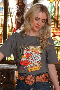 Ladies Cinch Cassette Tape Tee Tshirt  - Grey (7497071591501)