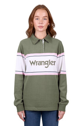 Womens Wrangler Eliza Rugby Shirt Jumper  - Olive /  White (7472710451277)