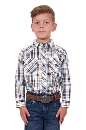 Boys Pure Western Evan LS Shirt - White / Tan (7328003620941)