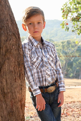 Boys Pure Western Evan LS Shirt - White / Tan (7328003620941)