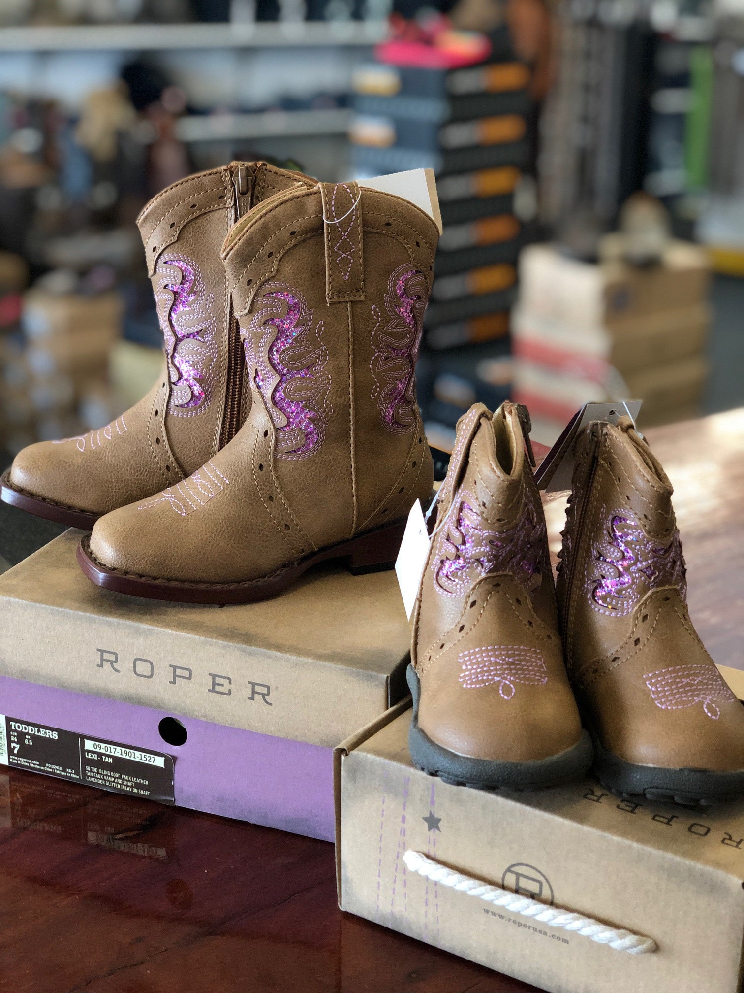 Girls Roper Lexi Tan/Pink Sparkle Boots (7229077323853)