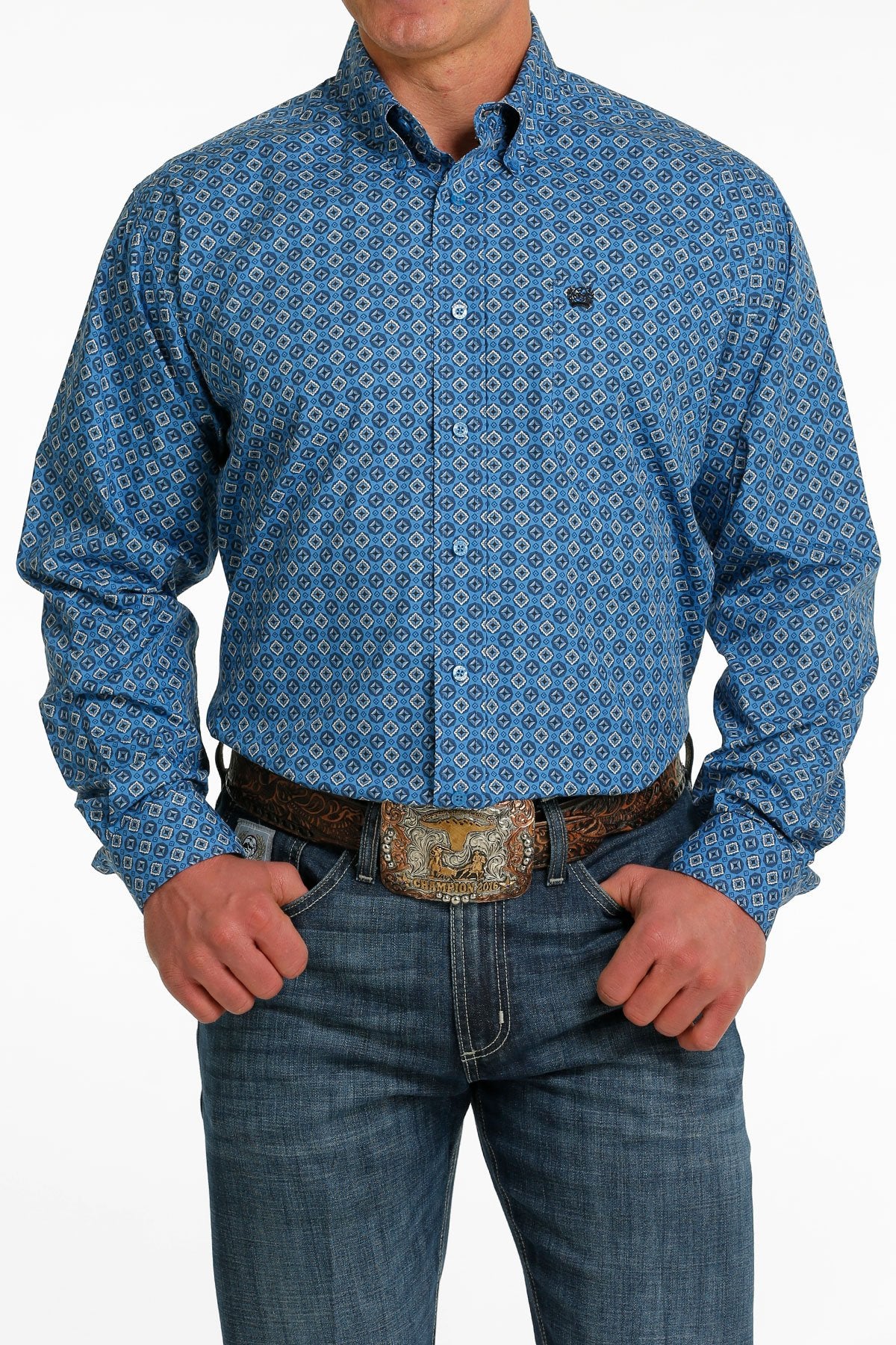 Mens Cinch Medallion Print Button Down Shirt - Blue / Cream (6865335025741)