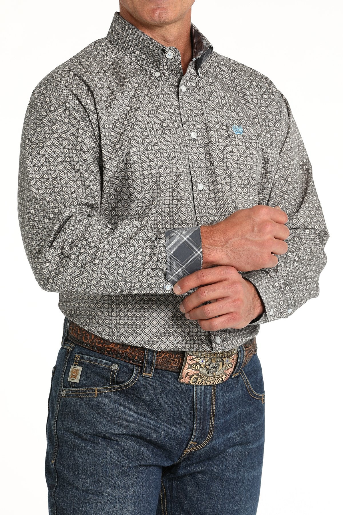 Mens Cinch Small Medallion Print Button DownShirt - Light Blue / Grey (7497069854797)