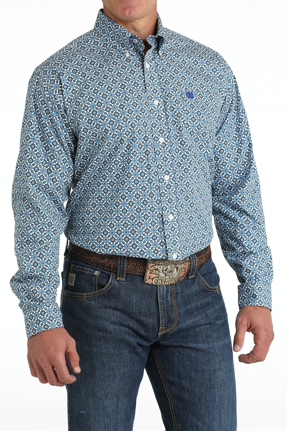 Mens Cinch Geometric Print Button Down Western Shirt - Blue/white (7402727243853)