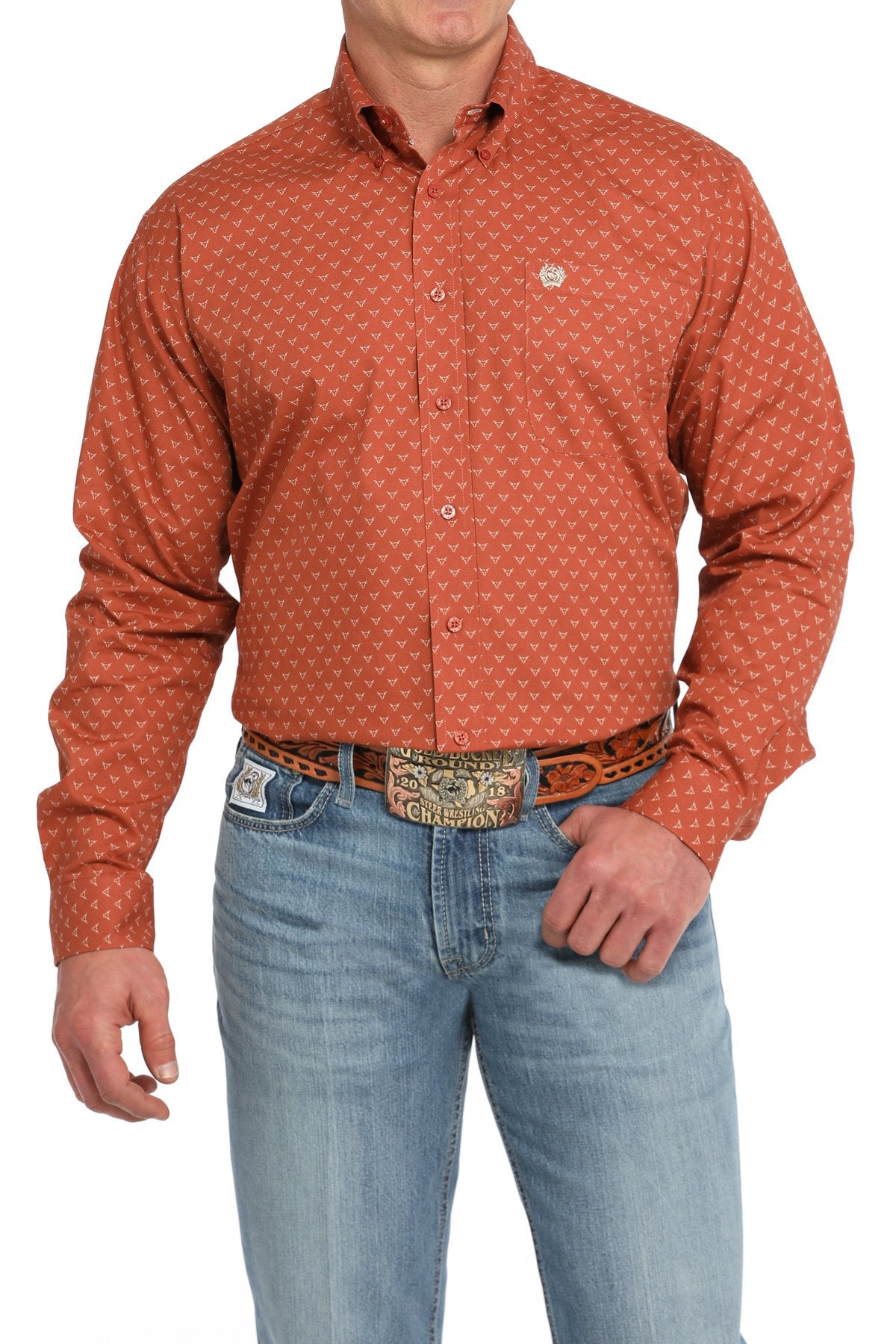 Mens Cinch Steer Print Button Down Western Shirt - Orange (7497069887565)
