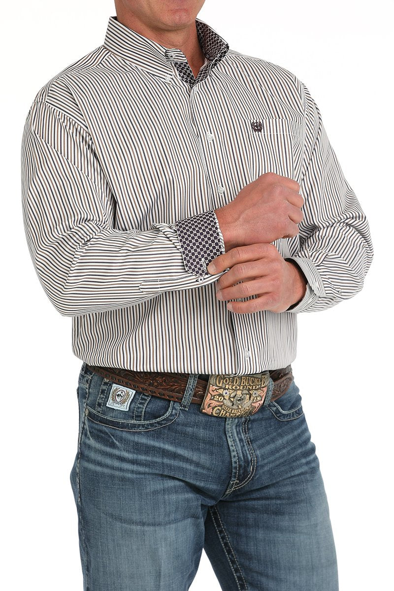 Men's Cinch Striped Button-Down Tencil Western Shirt - White / Tan / Navy (7497069625421)