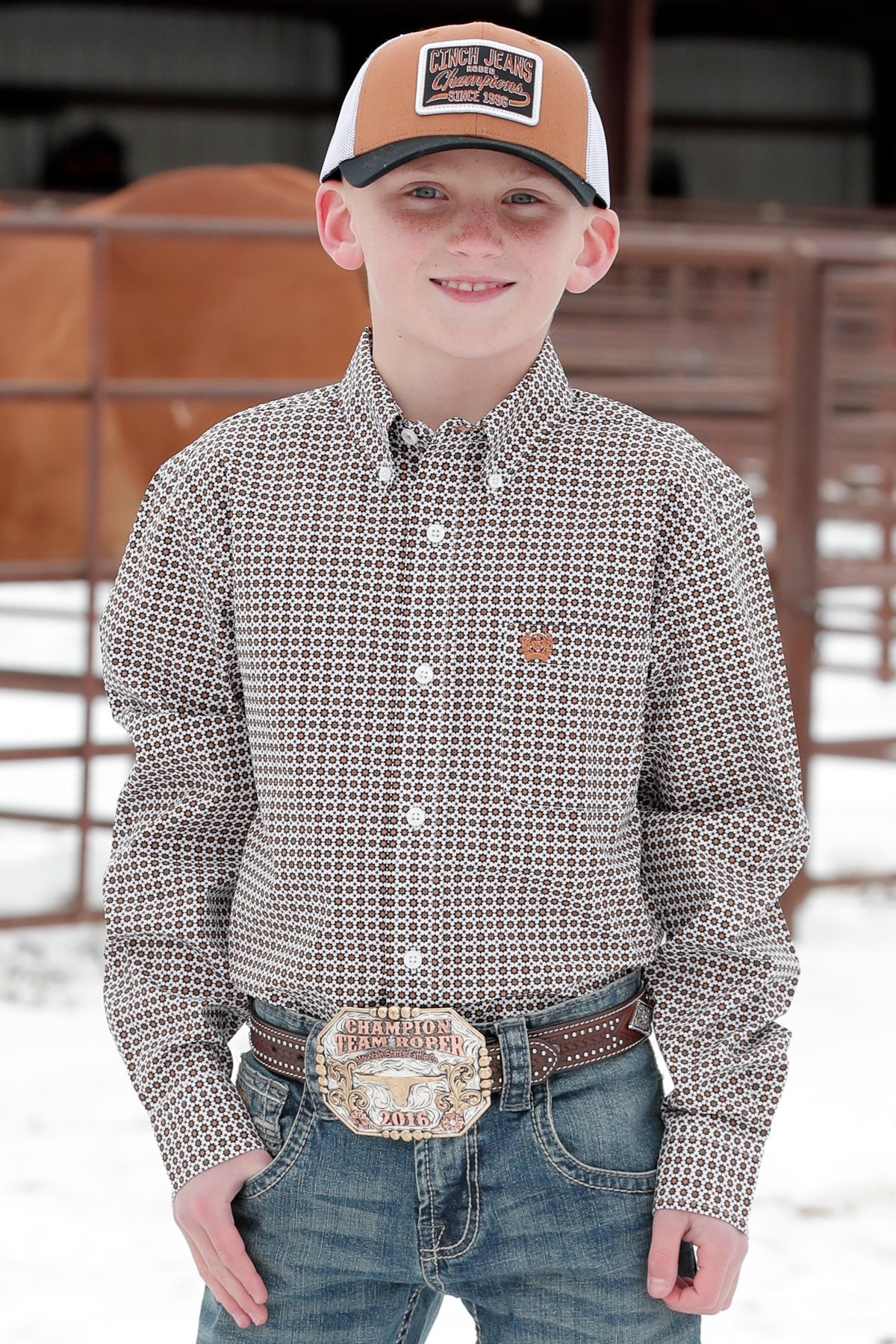 Boys Cinch Geo Button Down LS Shirt - White / Gold (7048622243917)