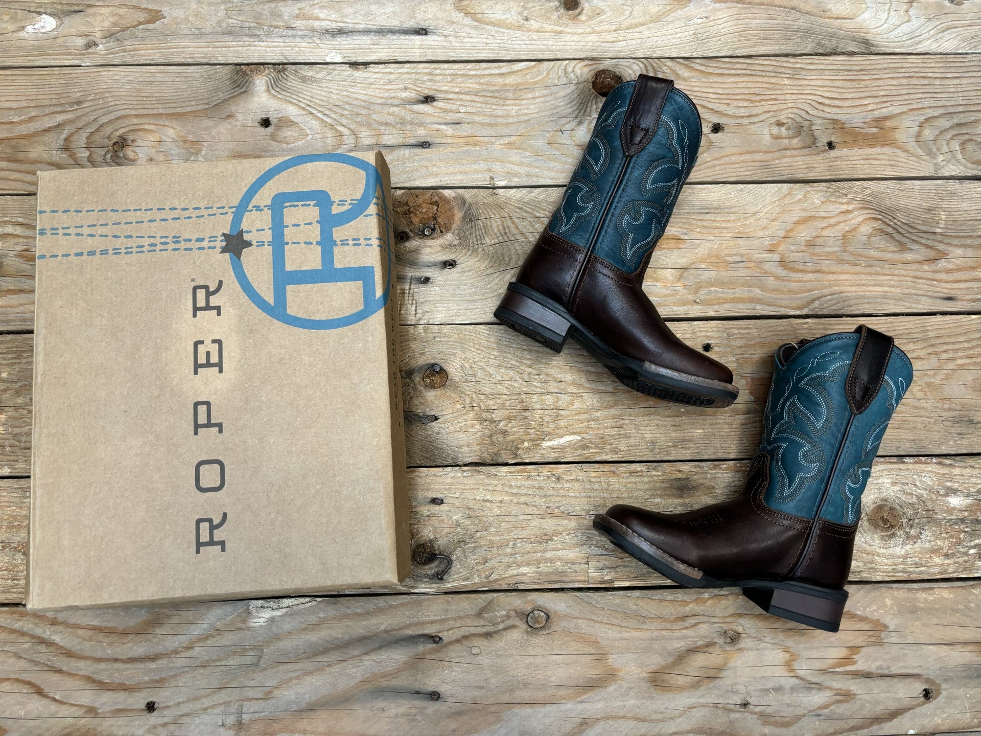 Kids Roper Monterey Leather Boot - Brown / Teal (6833684054093)