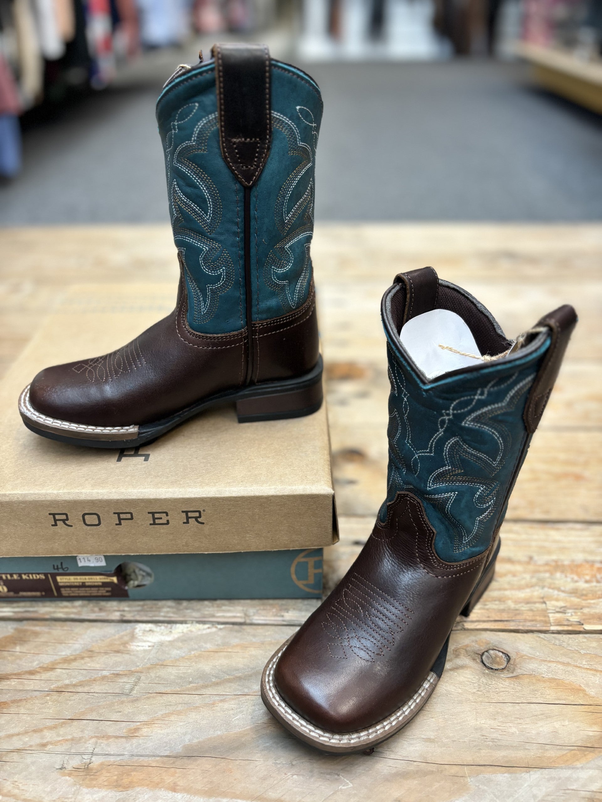 Kids Roper Monterey Leather Boot - Brown / Teal (6833684054093)