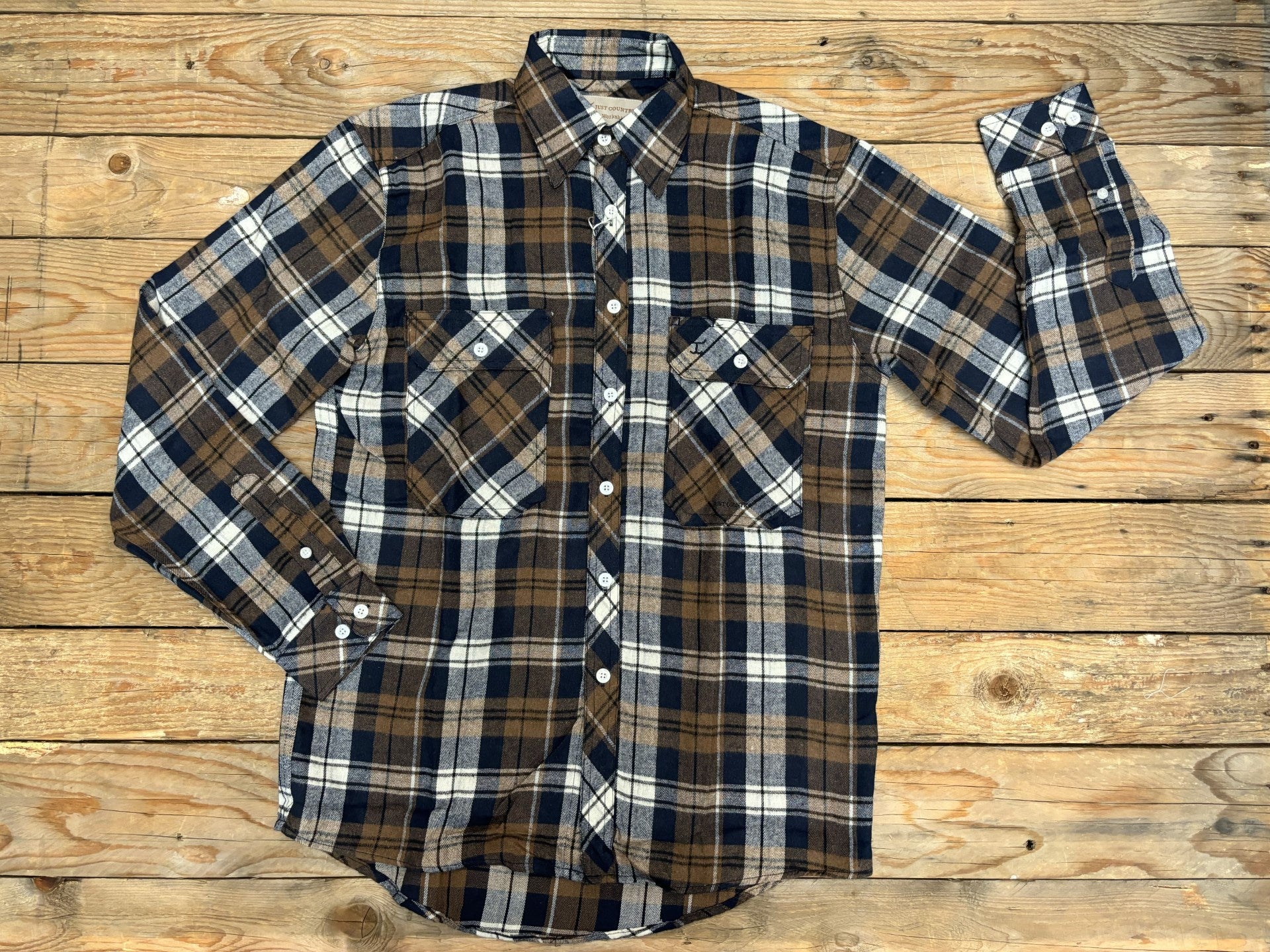 Mens Just Country Evan Full Button Flannel Workshirt - Brown / Navy (7025695981645)