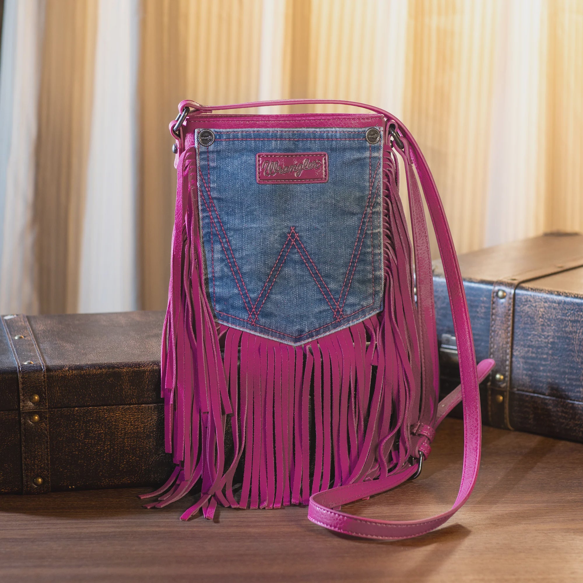 Wrangler Leather Fringe Denim Pocket Crossbody Bag - Hot Pink (6969633669197)