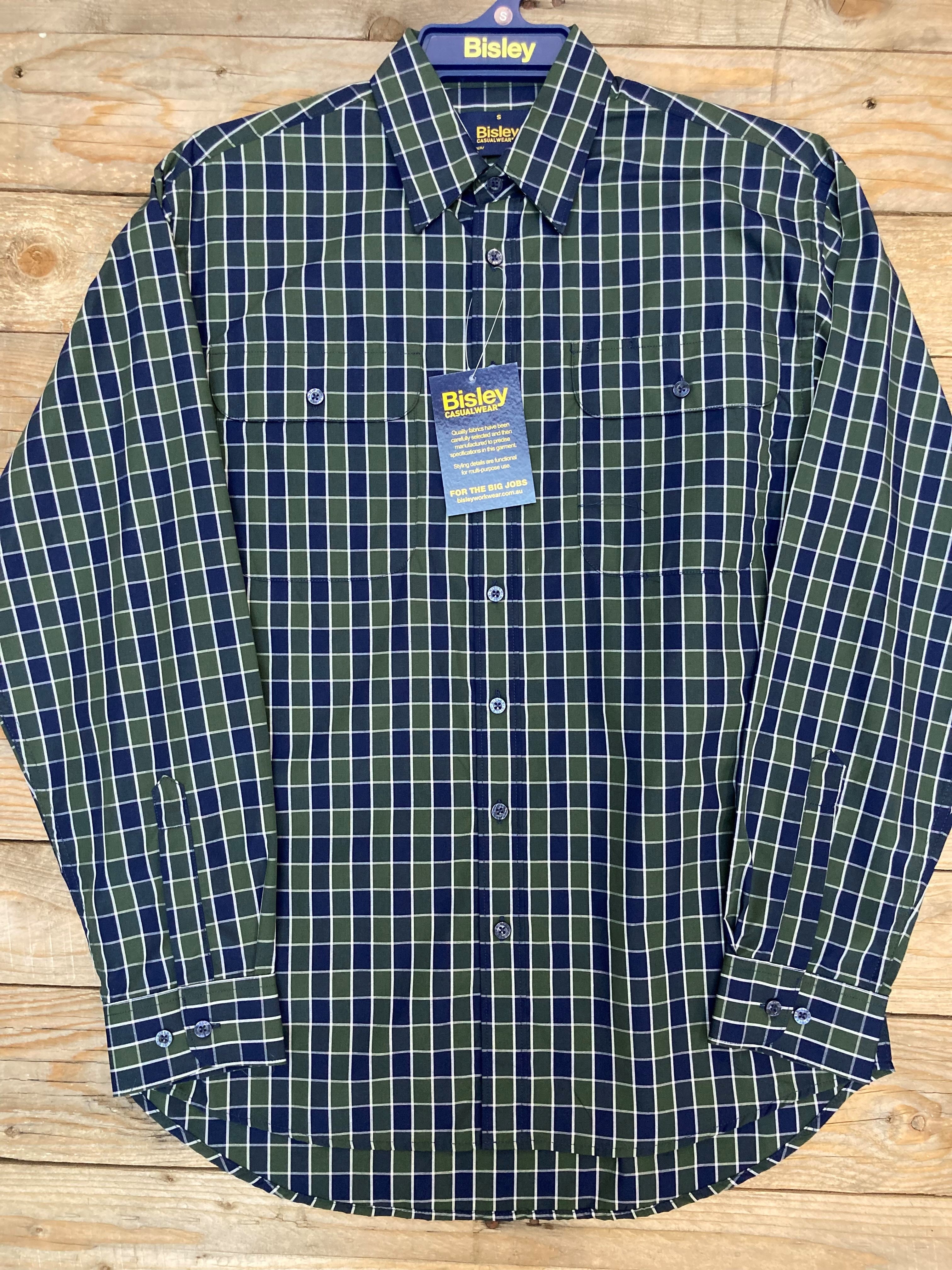 Mens Bisley Olive/Navy Large Check LS Shirt (6851115548749)