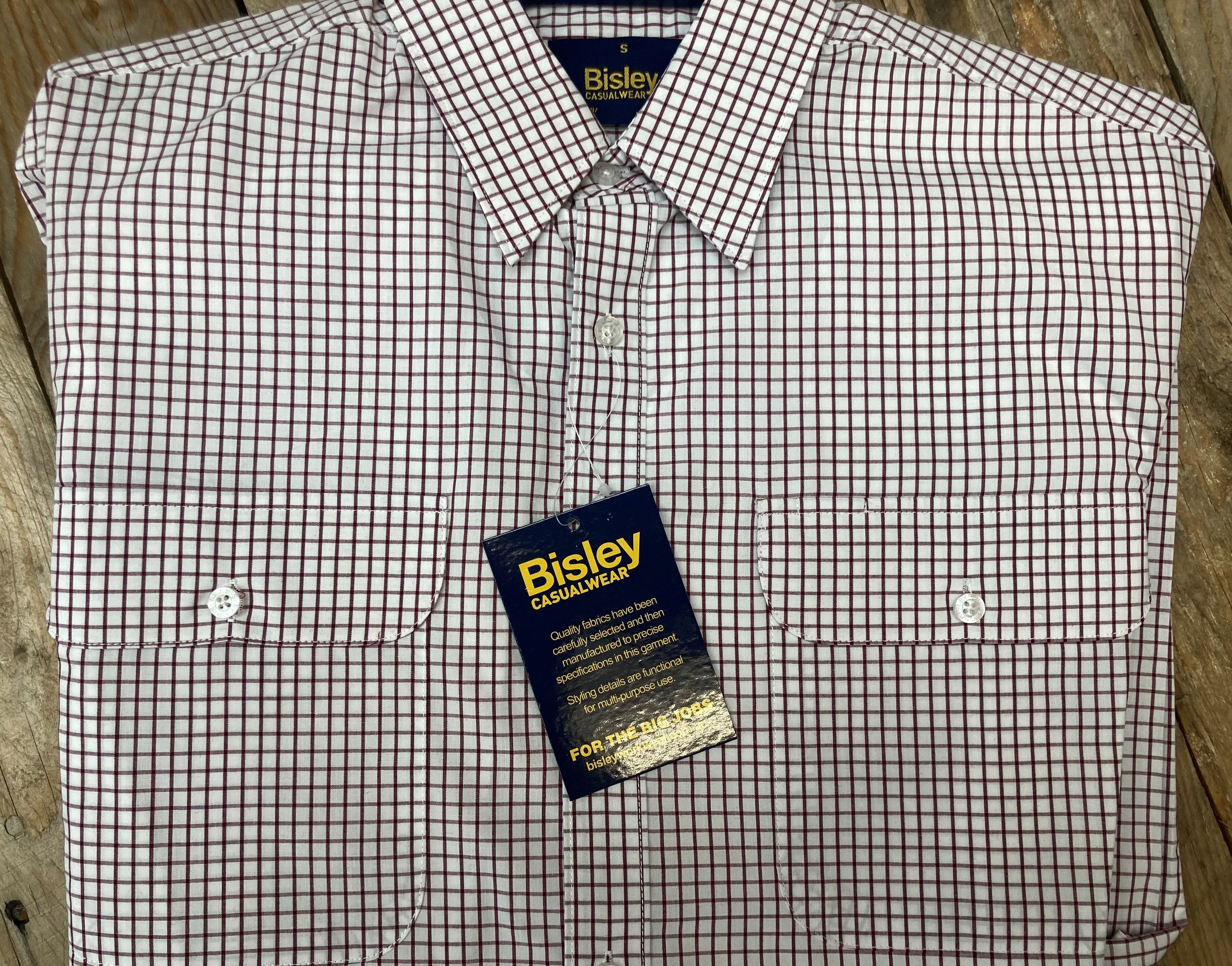 Mens Bisley Med Check Maroon/White LS Shirt (6904077025357)