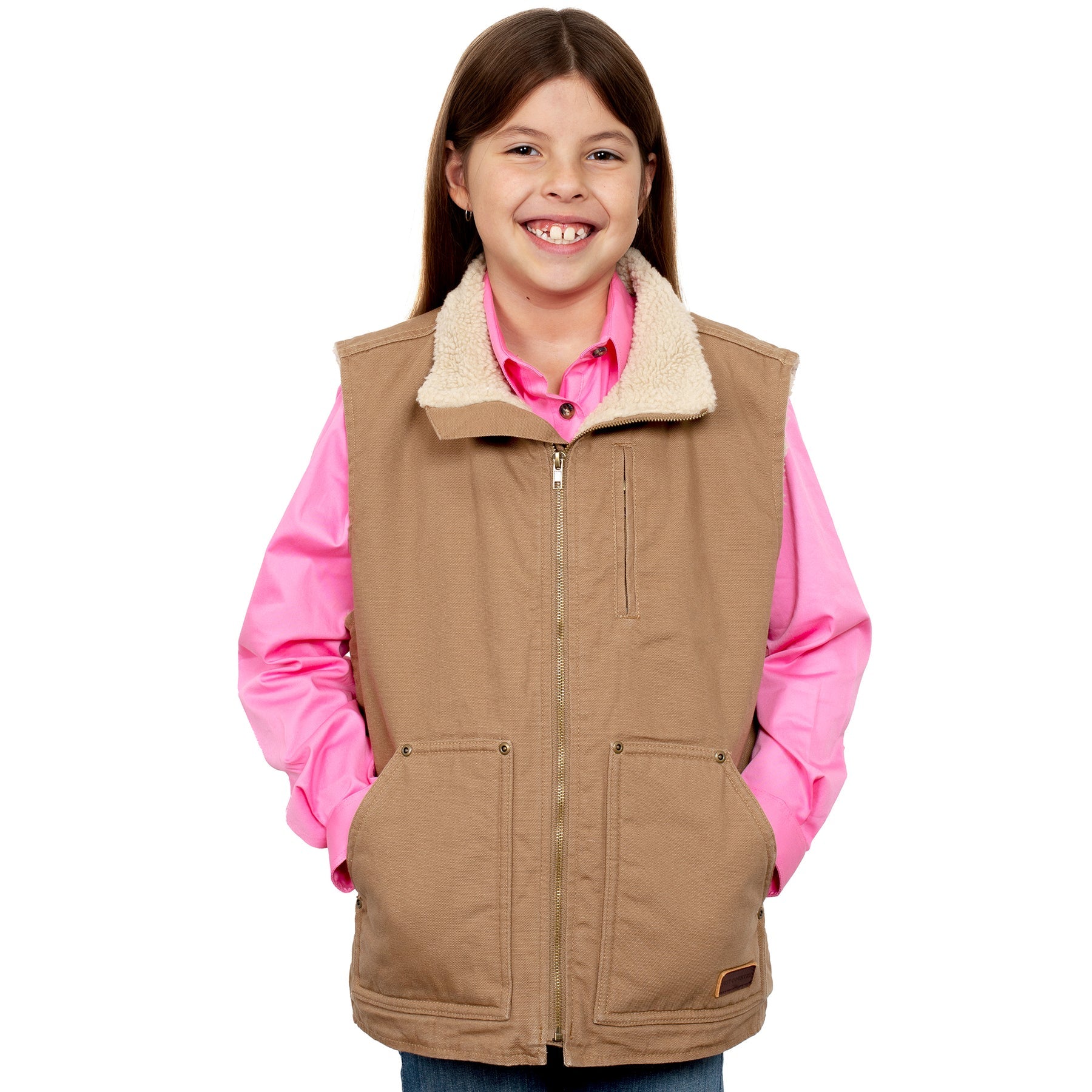 Kids Just Country Diamantina Sherpa Vest - Khaki / Choc / Navy (6862979104845)