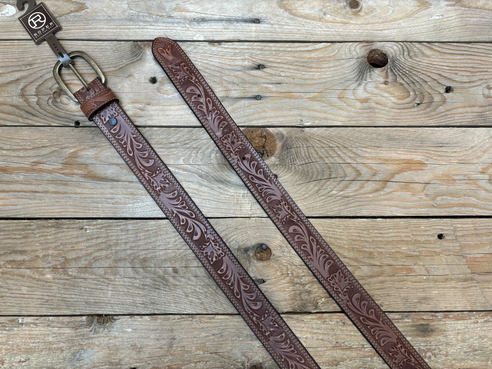 Womens Roper Floral Embossed Distressed Leather Belt - Tan (7021185105997)
