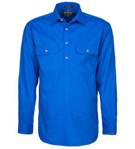 Mens Pilbara L/S Half Button Workshirt - Cobalt Blue (6884594417741)