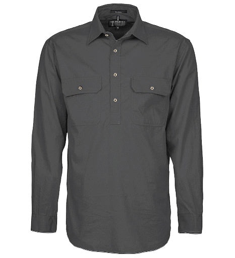 Mens Pilbara L/S Half Button Workshirt - Charcoal (6884594516045)