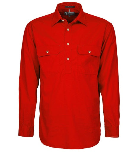 Mens Pilbara L/S Half Button Workshirt - Red (6884594548813)