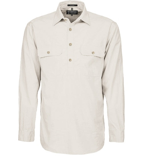 Mens Pilbara L/S Half Button Workshirt - Stone (6884594352205)