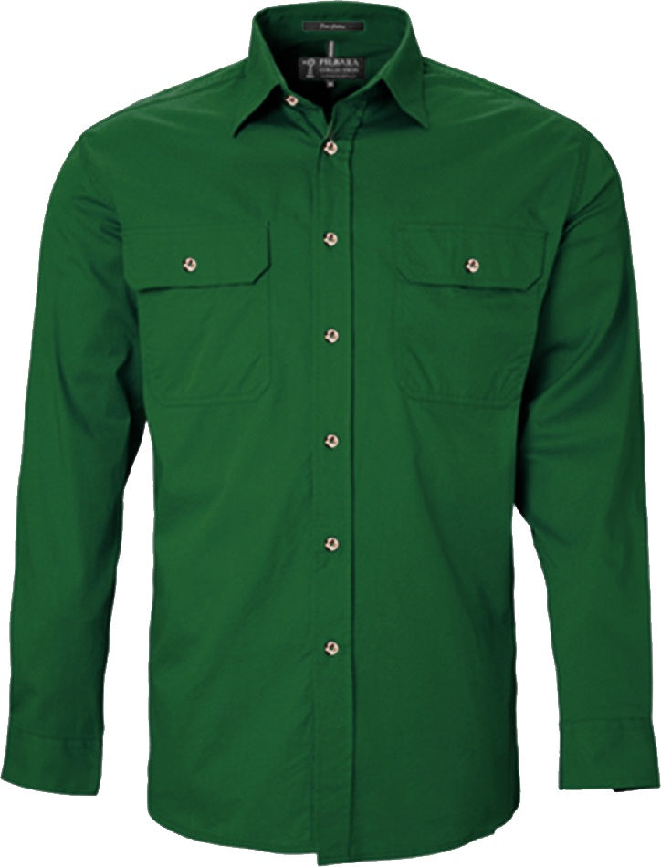 Mens Pilbara L/S Full Button Workshirt - Green (Bottle) (6884590911565)