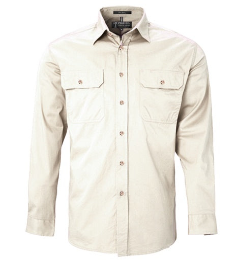 Mens Pilbara L/S Full Button Workshirt - Stone (6884591140941)