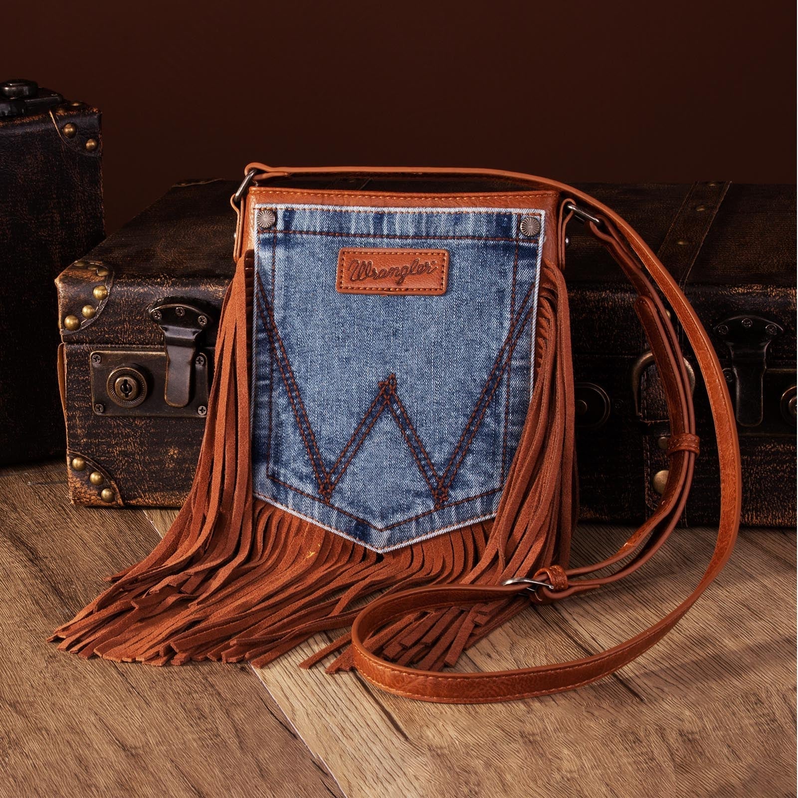 Wrangler Leather Fringe Denim Pocket Cross Body Bag - Brown (6969633570893)