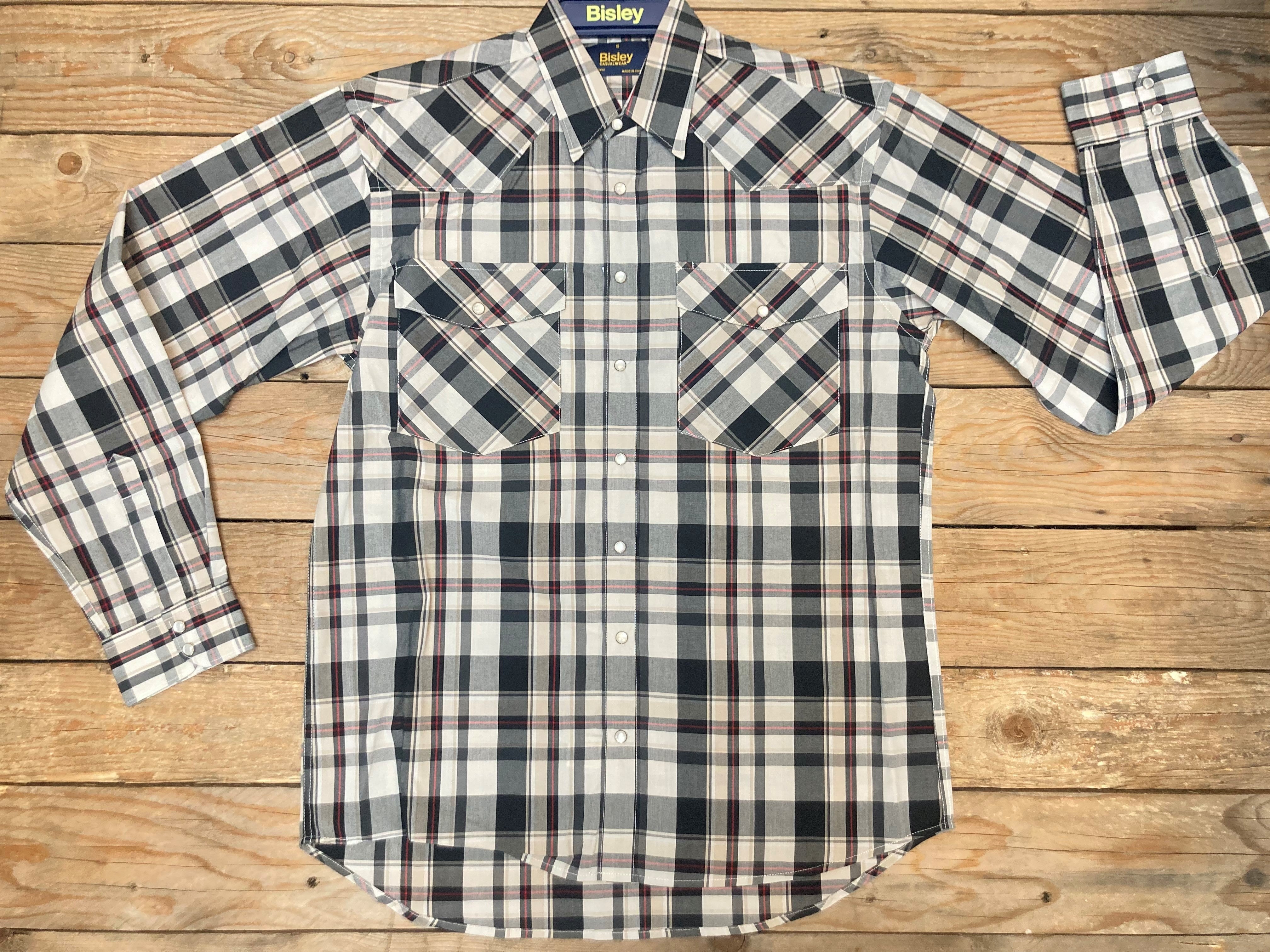 Mens Bisley L/S Western Large Check-  Black, Tan & Red (6904075518029)