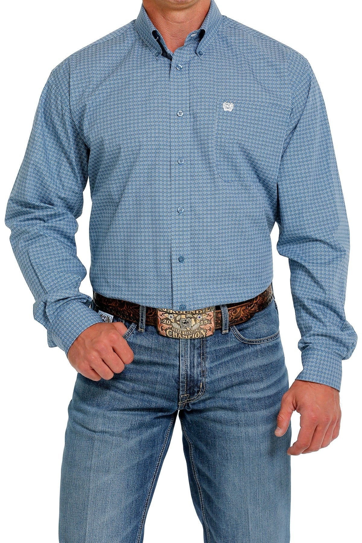 Mens Cinch Square Pattern Print Button Down Shirt - Blue (7012107485261)