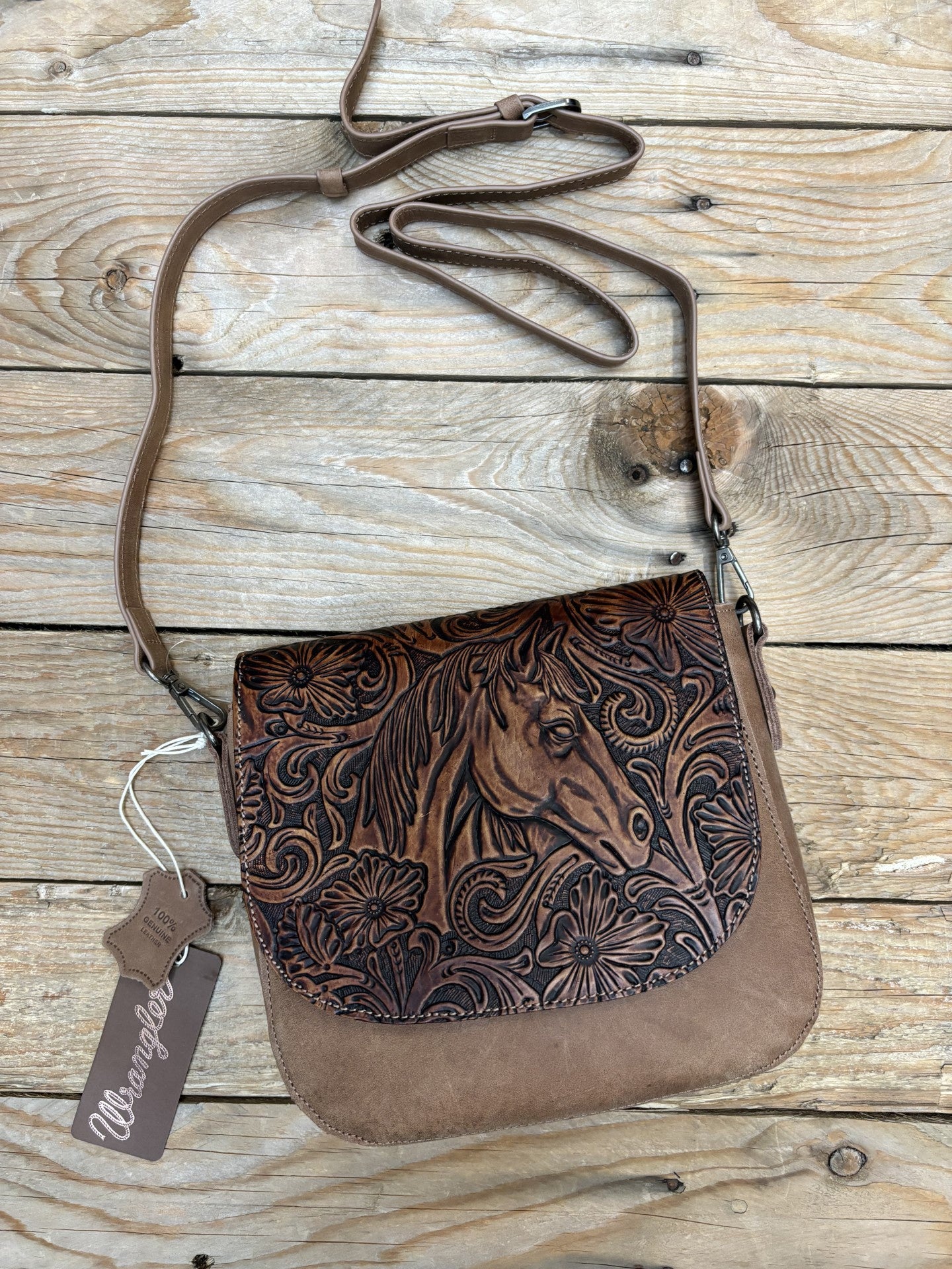 Wrangler Clara Tooled Horse Bag - Tan (7022141702221)