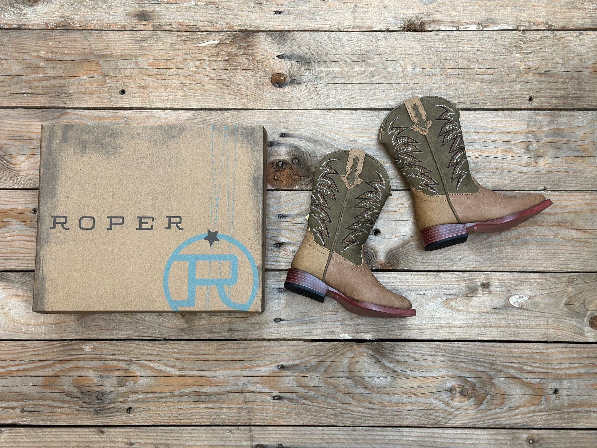 Kids Roper Clint Boot - Tan / Olive (6874854555725)