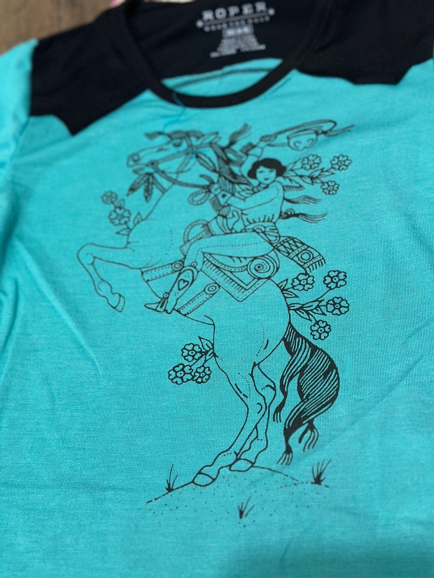 Girls Roper Five Star Rearing Cowgirl Tee - Turquoise / Black (6859177099341)
