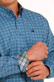 Mens Cinch Medallion Print Button Down Shirt - Blue / Cream (6865335025741)