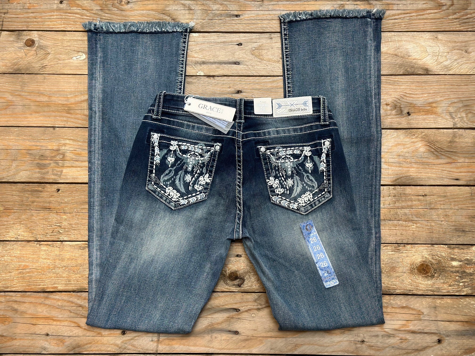 Womens Grace in LA Easy Fit Steer Head & Feather Boot Cut Raw Hem Jean - 36 Leg (6850901114957)