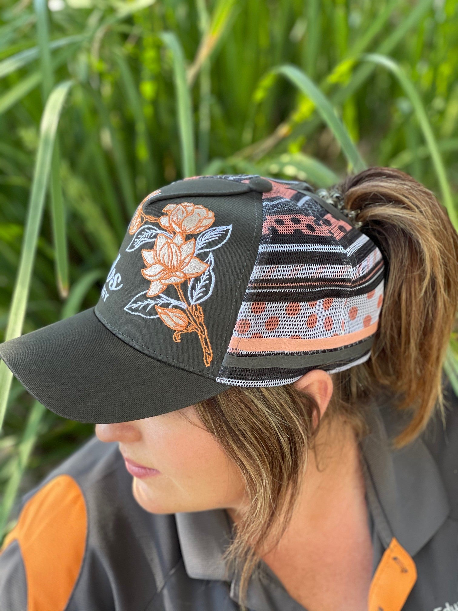 Debs Country Outfitters Trucker Cap- Charcoal Emmylou Ponytail Cap (6645166112845)