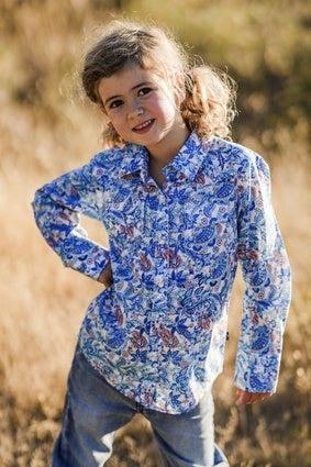 Girls Pure Western Frances LS Shirt - Blue / Coral (6895100035149)