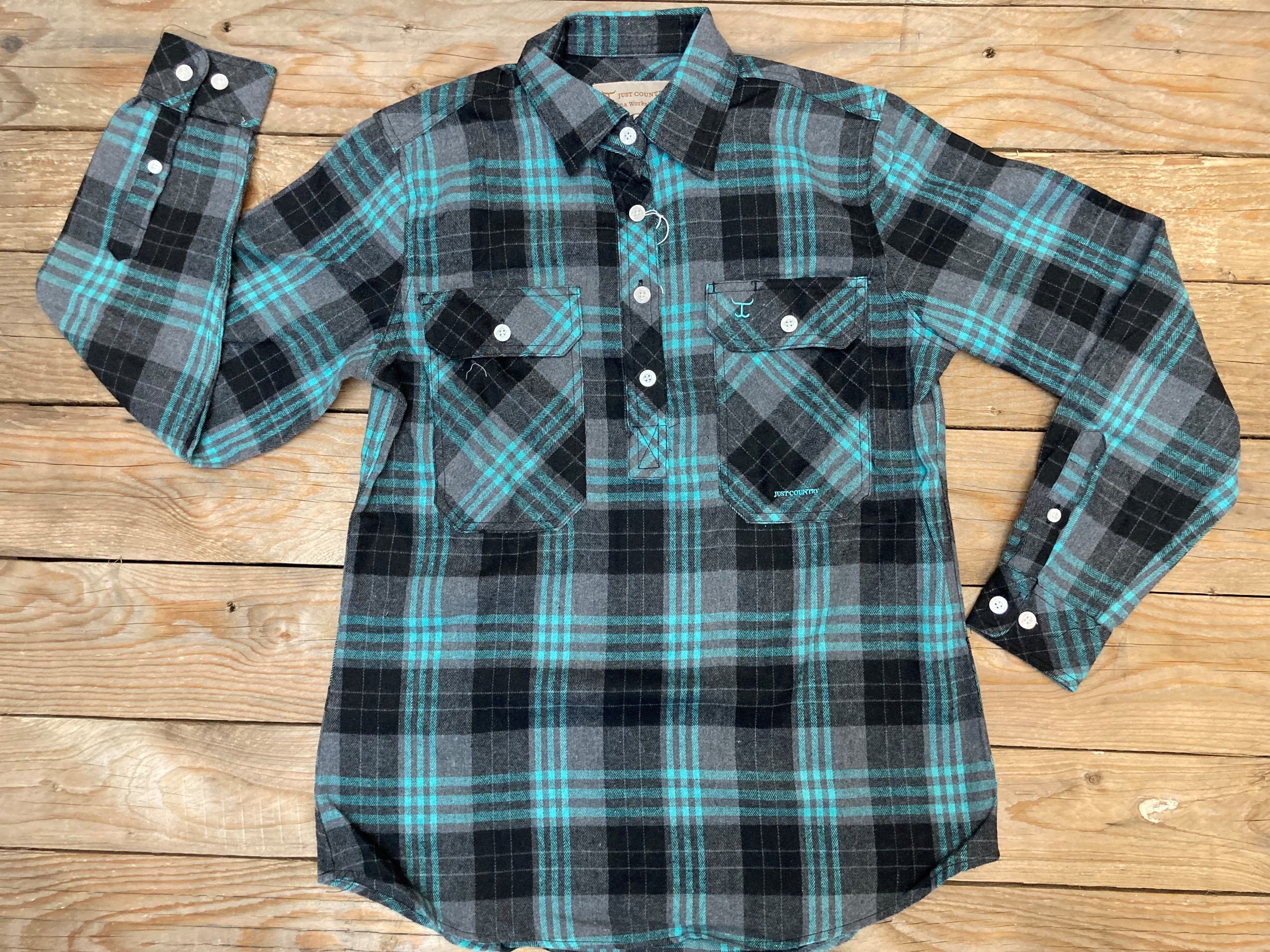 Womens Just Country Jahna Half Button Flannel Workshirt - Grey / Turquoise (6859782225997)