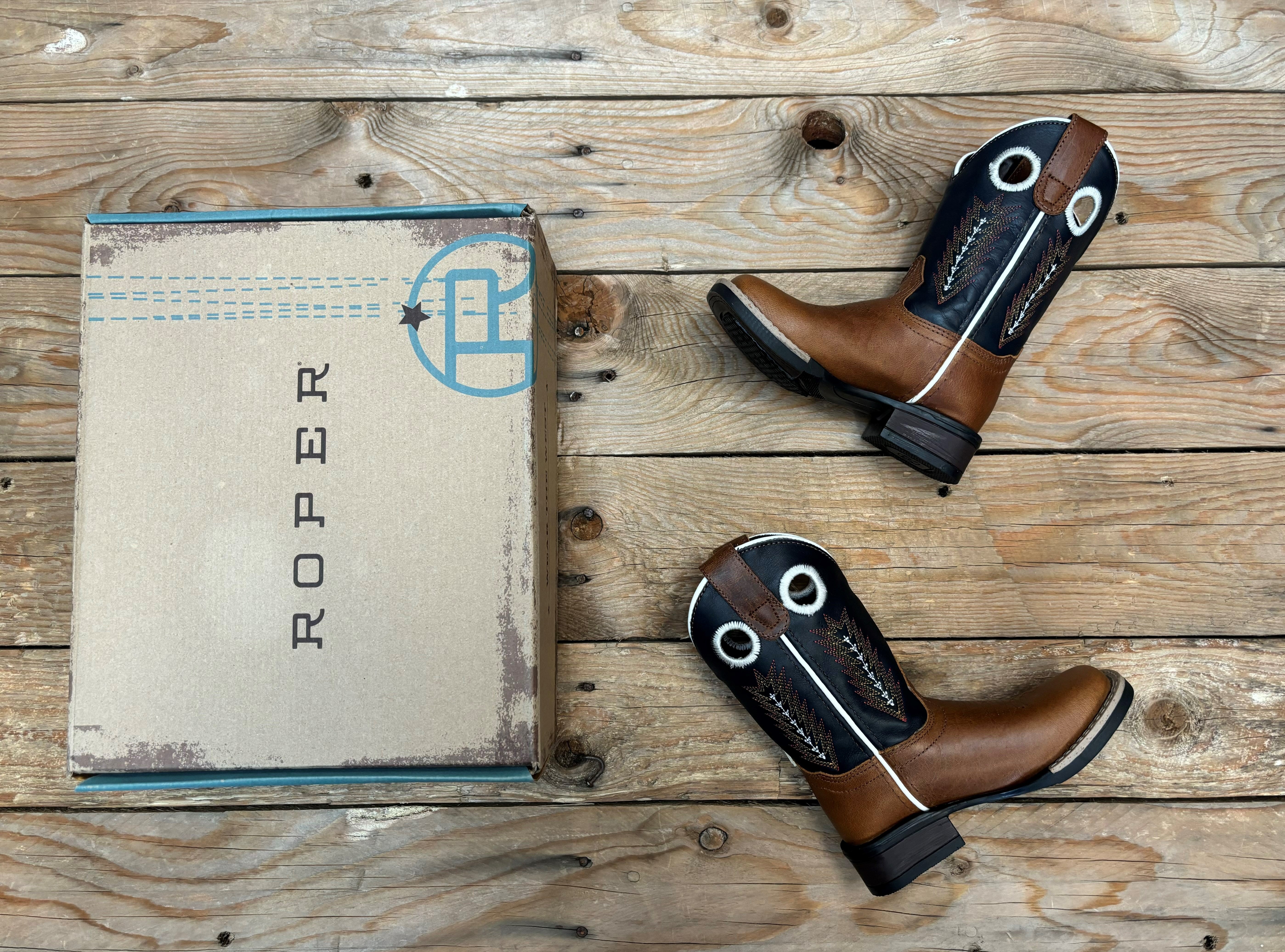 Kids Roper James Boot - Burnished Tan / Navy (7011379052621)