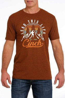 Mens Cinch Lead this Life Mountain View Tee Tshirt - Heather Orange (6875461517389)