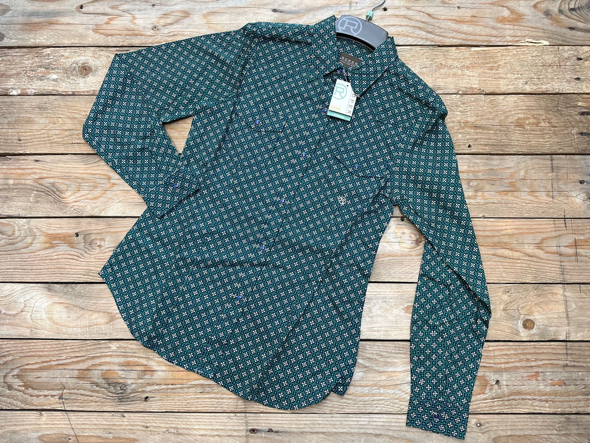 Ladies Roper Amarillo LS Emerald Green Medallion on Navy Print Shirt (6970220773453)
