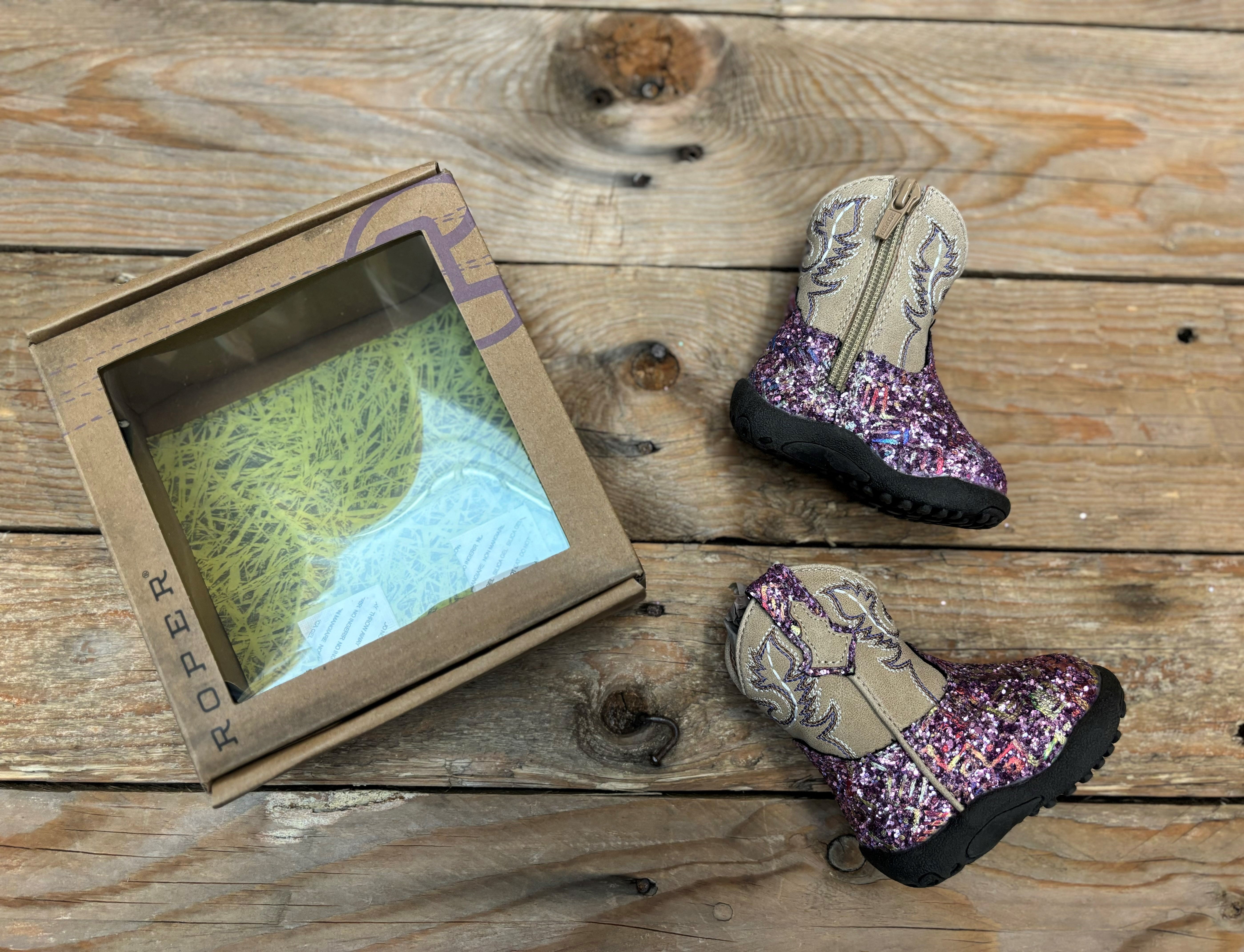 Infant Roper Southwest Glitter Purple / Tan Cowbaby Boot (7011378954317)